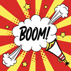Comic book explosion with boom text and megaphone vector illustration in pop art style graphic design element for banners and posters