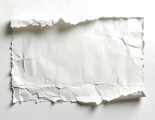 Ripped, crumpled white paper sheet on white surface