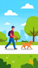 Man walks dog on sunny path in city park