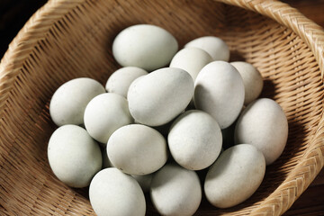 Traditional Gaoyou Songhua Preserved Eggs in Bamboo Basket - Chinese Gourmet Food Preparation