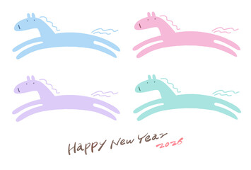 パステルカラーのガーリーな4匹の馬が走るかわいい年賀状イラスト　2026 正月素材