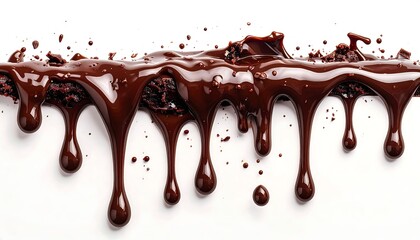 Melted chocolate flows over brownie pieces, dripping onto a white background