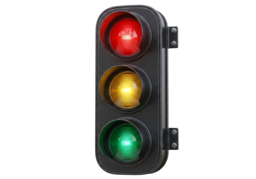 Dynamic traffic light signals stop go caution with illuminated red yellow green bulbs ready for urban transport planning