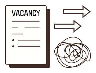 Job advertisement document with arrows and tangled lines representing career opportunities, decision-making, challenges, and pathways. Ideal for recruitment, employment, hiring process