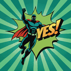 Superhero with cape and fist raised comic book style vector illustration for graphic novel and poster design