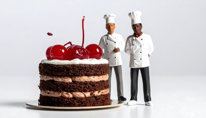 Miniature chefs stand proudly beside a layered chocolate cake, adorned with glistening cherries