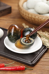 Gaoyou Traditional Chinese Salted Duck Eggs with Liquid Yolk Being Served