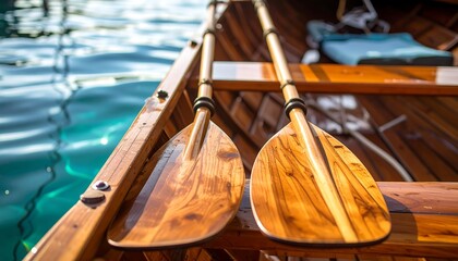 Wooden Canoe Paddles Resting on the Edge of a Boat.