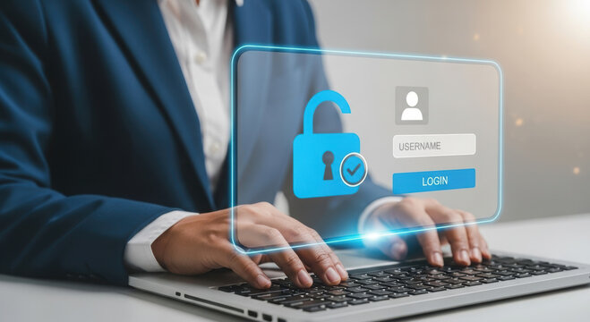 Holographic security login interface on laptop. Business professional accessing secure digital system. Transparent padlock icon with login form on laptop. - Powered by Adobe
