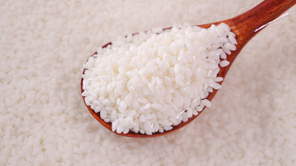 White glutinous sticky rice on wooden spoon - traditional Asian cooking ingredient