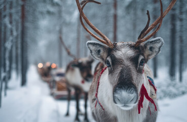 A reindeer pulling a sled in the snow-covered forest of Lapland