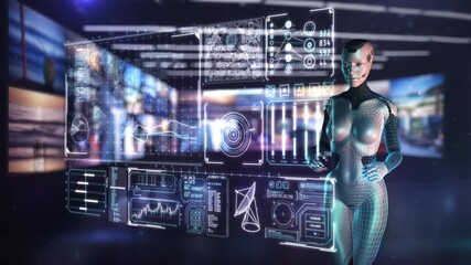 Robot presenting futuristic global business data analysis on interactive screen - Powered by Adobe