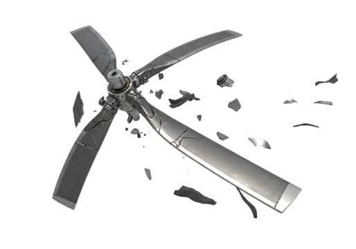 Shattered metallic drone propeller breaking apart mid-flight, symbolizing failure, accidents, or technological breakdown with dramatic effect.