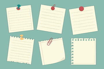 Set of paper notes with pin and clip vector illustration of memo stickers design element for reminder and message