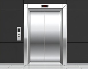Modern elevator doors, stainless steel, dark wall