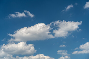 Blue Sky with White Clouds, Sunny Cloudy Sky Texture Background, Fluffy Clouds Pattern, Sunny Cumulus