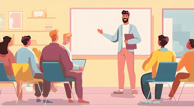 Professional instructor leading an engaging workshop for a diverse group of students in a modern classroom setting, fostering collaborative learning and knowledge sharing