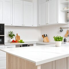 Modern kitchen with white cabinets, island, and quartz countertops