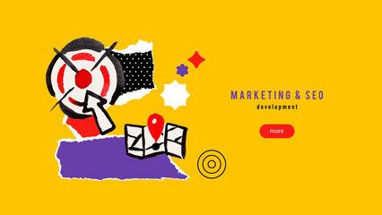 Marketing and seo concept with target, pointer, map location pin, abstract colorful shapes. Business promotion, local search, digital strategy. Hand drawn sketch trendy collage. Vector illustration.
