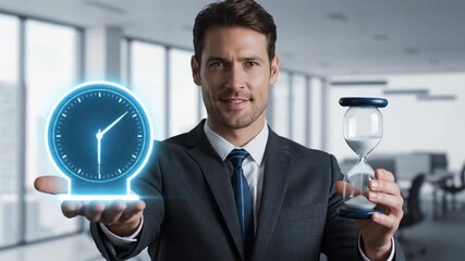 Businessman Managing Time with Clock and Hourglass - A businessman in a modern office holds a glowing digital clock and a traditional hourglass, symbolizing effective time management and business - Powered by Adobe