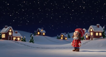 A girl in a red coat stands in the snow looking up at the sky