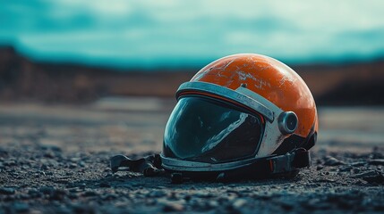 Fototapeta premium A close-up of an orange astronaut helmet resting on the ground, featuring a reflective visor and a textured surface, set against a blurred, moody background.