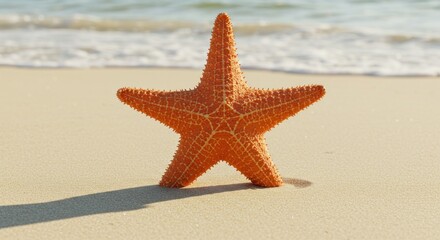 Orange starfish standing on a sandy beach, with ocean waves gently washing ashore in the background.