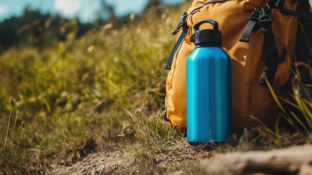 A blue water bottle rests against a brown backpack in a grassy outdoor setting, highlighting adventure and hydration.
