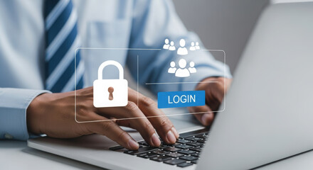 Professional typing on laptop with cybersecurity login interface overlay. Businessperson working on secure digital access with lock icon. Corporate login screen with user profile icons on laptop.