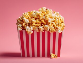 Popcorn Delight: A box of freshly popped popcorn bursts with fluffy kernels, ready for a cozy movie night, against a vibrant background. 