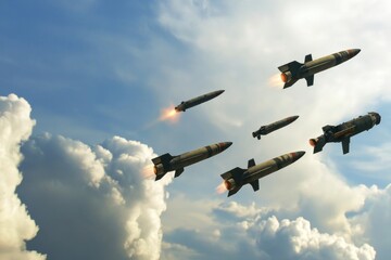 Military missiles launch into the sky during a military exercise in a conflict zone