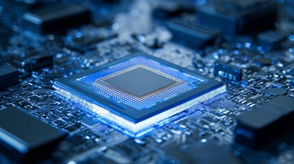Close-up of a modern microchip on a circuit board, glowing with blue light, showcasing intricate electronic components.
