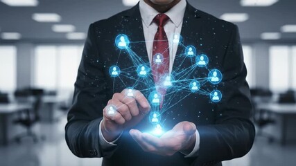 Businessman Managing Global Network - A businessman in a suit holds a glowing digital network of interconnected people in his hands, symbolizing global connections and teamwork. - Powered by Adobe