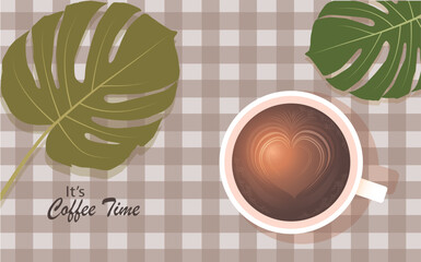 Spring composition with coffee time and blooming flowers. vector, illustration