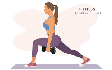 Fitness woman doing lunges exercises for leg muscle workout training. Active girl doing front forward one leg step lunge exercise. vector,illustration