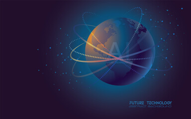 Dark blue vector background. Planet Earth. Abstract technological rings in the orbit of the planet. Global communication system and communication satellites. Religious image.