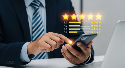 Business executive checking smartphone with five-star rating overlay. Professional in navy suit analyzing customer feedback. Corporate performance evaluation with digital star ratings.
