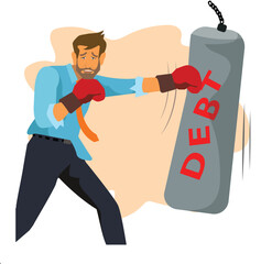 Debt management,  professional businessman wearing boxing gloves fighting and punching with creditor or loaner huge red boxing glove with text Debt.vector,illustration