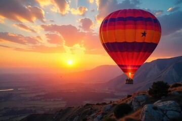 Obraz premium A vibrant hot air balloon ascends gracefully against a breathtaking sunrise, casting a warm glow on the landscape below Perfect for travel, adventure, and freedom concepts , wind, clouds