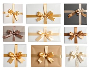 Nine gift boxes, various colors and ribbons, arranged in a grid