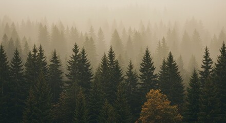 Dense forest of evergreen trees shrouded in a misty, atmospheric fog.