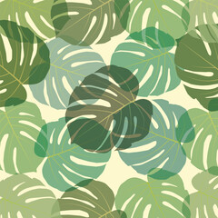 Seamless botanical pattern, isolated Philodendron leaf plant on pale yellow, pastel vintage theme.