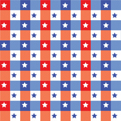 Red, white and blue American checkered stars seamless pattern. For independence day, fourth of July background, posters, fabric and home décor. vector