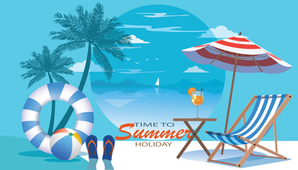 Summer beach vector design.  beach umbrellas , orange juice and chairs. Summer vacation  for beach holiday.vector illustration