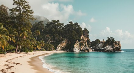 Scenic view of a tropical beach with white sand, turquoise water, lush green vegetation, and rocky cliffs under a cloudy sky.