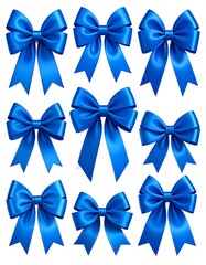 Nine vibrant blue satin bows, varying slightly in style, arranged in a grid