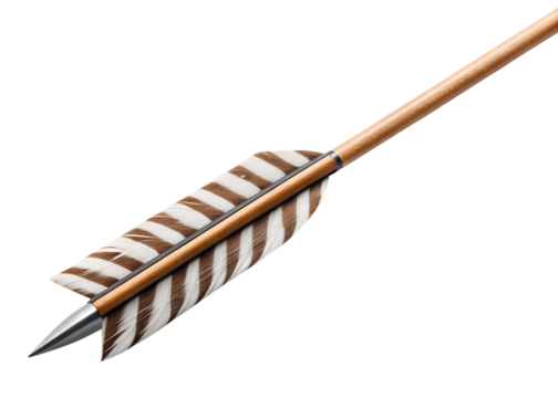 Antique wooden arrow with fletching and metal tip isolated on transparent background