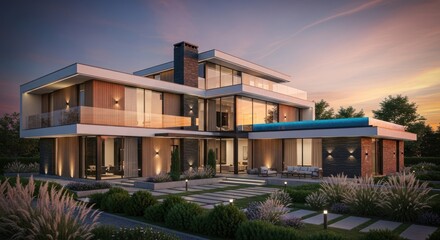 Fototapeta premium Luxurious Modern House at Dusk with Illuminated Facade, Infinity Pool, and Beautifully Landscaped Gardens under a Sunset Sky