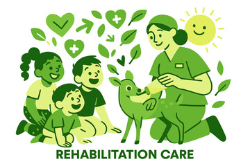 Nurturing Deer Energy. Rehabilitation care. Children watching a nurse feed a small deer with a glowing bottle,