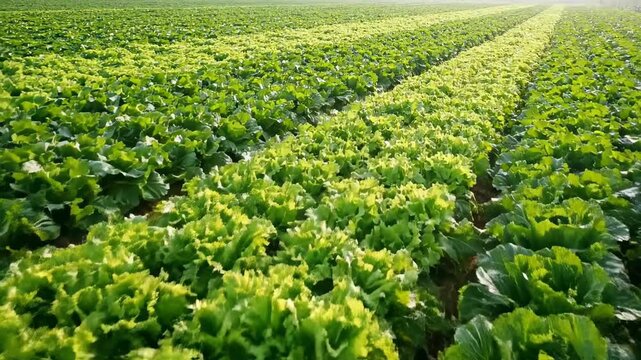 Lush Green Lettuce Field - Rows of vibrant green butter lettuce plants fill a vast agricultural field, creating a textured pattern of healthy growth under natural sunlight.